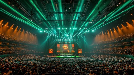 Massive crowd at an indoor arena with vibrant green laser lights illuminating a stage.
