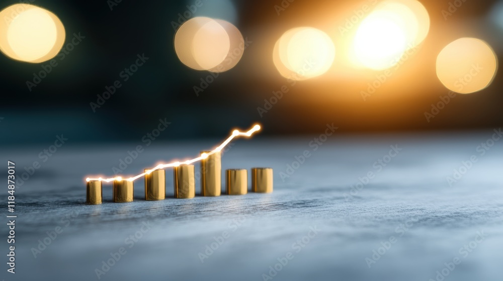 Aufkleber golden bar chart with rising line graph on blurred background