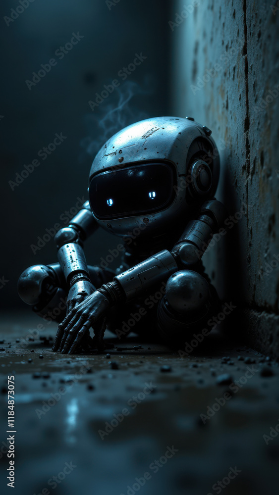 Poster an ai robot sits alone in an abandoned basement, reflecting on its existence.