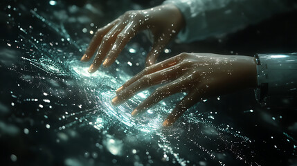 futuristic AI technology with machine learning and robot-human interaction touching big data in global network connection and digital advancements
