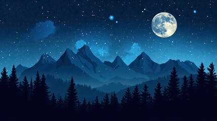 Majestic mountain range silhouetted against a full moon and starry night sky.