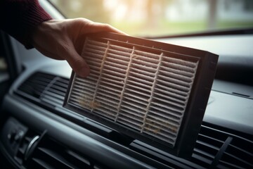 Auto mechanic holding dirty cabin air filter of car hvac system