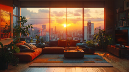 Fototapeta premium Cozy living room with panoramic city view during sunset in modern apartment