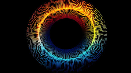 bright binary circle flash forming human multicolored iris and pupil with rainbow lines scattering to create 3D eye animation concept
