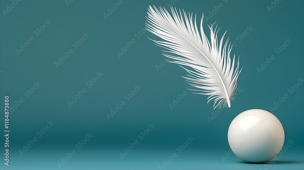 Poster a minimalistic composition featuring a white feather balanced on a smooth white sphere against a sof