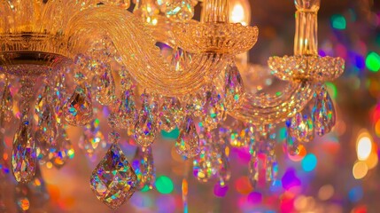 Naklejka premium Ornate chandelier, colorful crystals, sparkling lights.