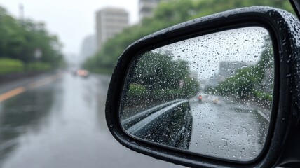 Fototapeta premium Rainy reflection while driving in urban setting city road nature photography wet environment close-up view serenity in chaos