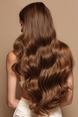 Obraz premium Captivating long wavy brown hair cascading down the back of a model. Beige background