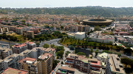 Aerial view of the Fuorigrotta neighborhood in Naples, Italy. In the background is the city soccer stadium.