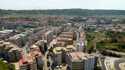 Obraz premium Aerial view of the Fuorigrotta neighborhood in Naples, Italy. In the background is the city soccer stadium.