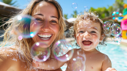 Mother and Toddler Share Joyous Moments Laughing While Playing With Bubbles in a Sunny Pool Setting