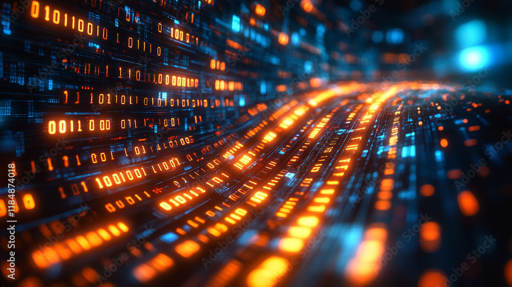 Poster digital streams of binary code flowing through a virtual landscape at night