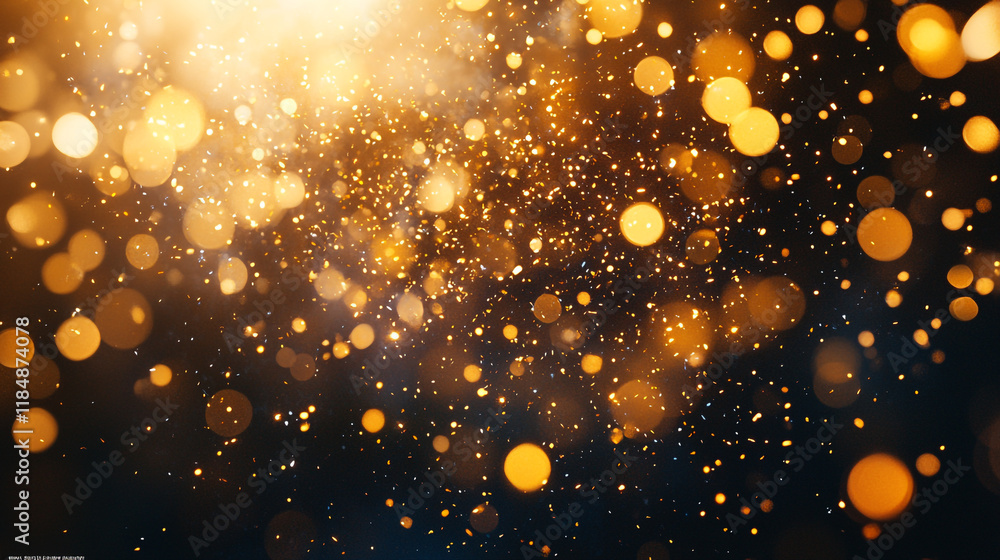 Poster captivating golden particles floating in a dark background with sparkling lights