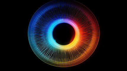 human multicolored iris animation concept with rainbow lines scattering from bright binary circle forming 3D rendering of eye iris and pupil
