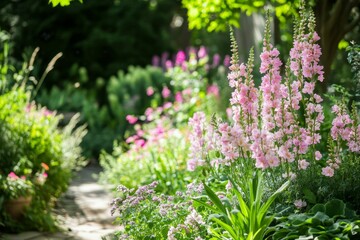Sunlit garden path, pink flowers, lush greenery.