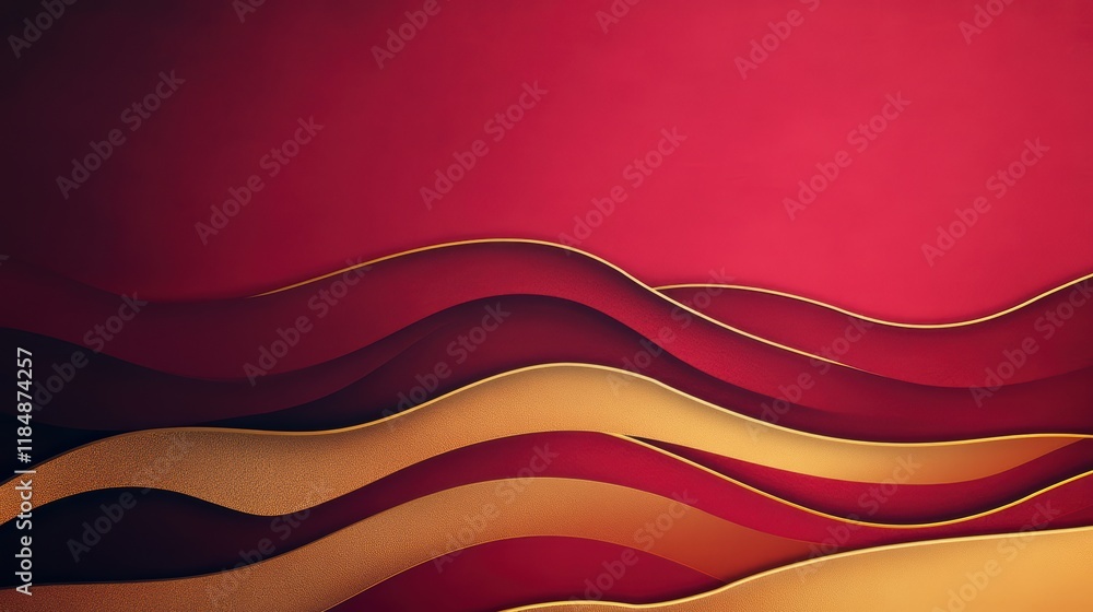 Poster abstract curved waves with red and gold layers in modern design