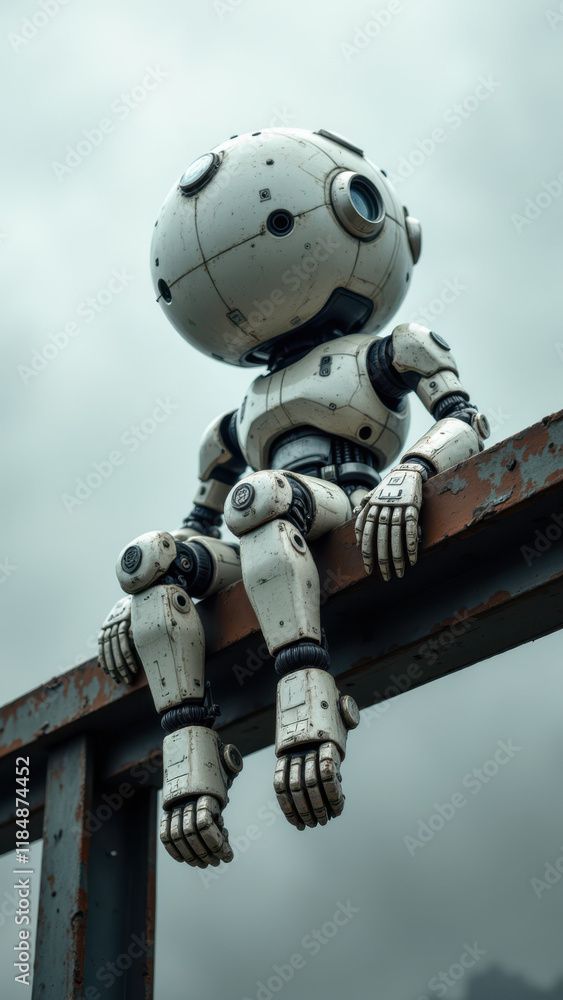 Poster a sentient robot sits on a bridge, contemplating its existence with an ai undetectable exterior, ami