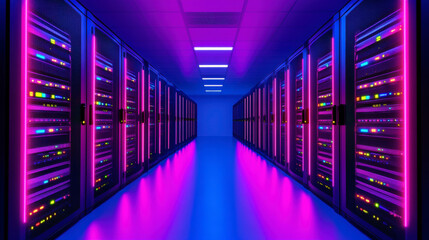 Fototapeta premium Dimly Lit Server Room Featuring Illuminated Data Racks and Modern Technology
