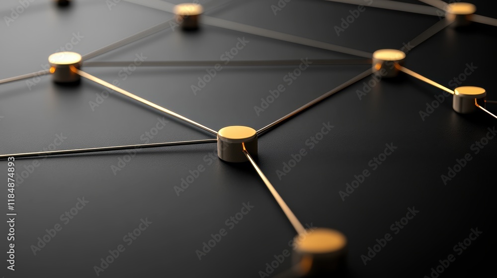 Poster abstract network nodes connected by golden lines on dark surface