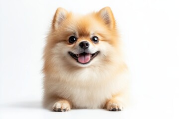 Adorable Pomeranian puppy smiles for the camera.
