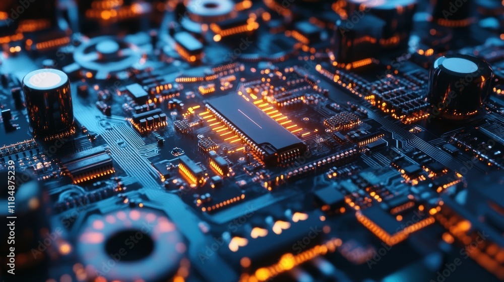 Poster close up view of a complex electronic circuit board, highlighting data processing with glowing orang