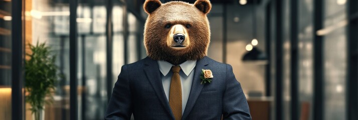 Business bear in formal suit standing confidently in modern office environment. Generative AI