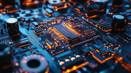 Fototapeta premium Close up view of a complex electronic circuit board, highlighting data processing with glowing orange lights, suggesting advanced technology and innovation in computing