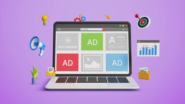 Digital marketing, content planning and advertising strategy. Business AI technology in marketing and sales. SEO optimization. 3D laptop screen with ads and content promotion. 4k 3D animation