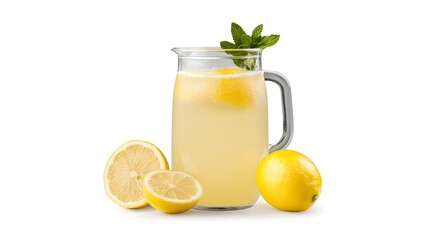 Fototapeta premium A refreshing pitcher of lemonade garnished with mint, accompanied by fresh lemons, perfect for summer hydration.