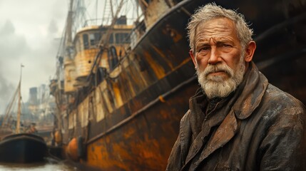 Obraz premium Weathered old man, serious expression, stands before rusty derelict ships.