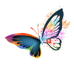 Butterfly with flowers . Hand drawing Line art. Not AI. Vector illustration.