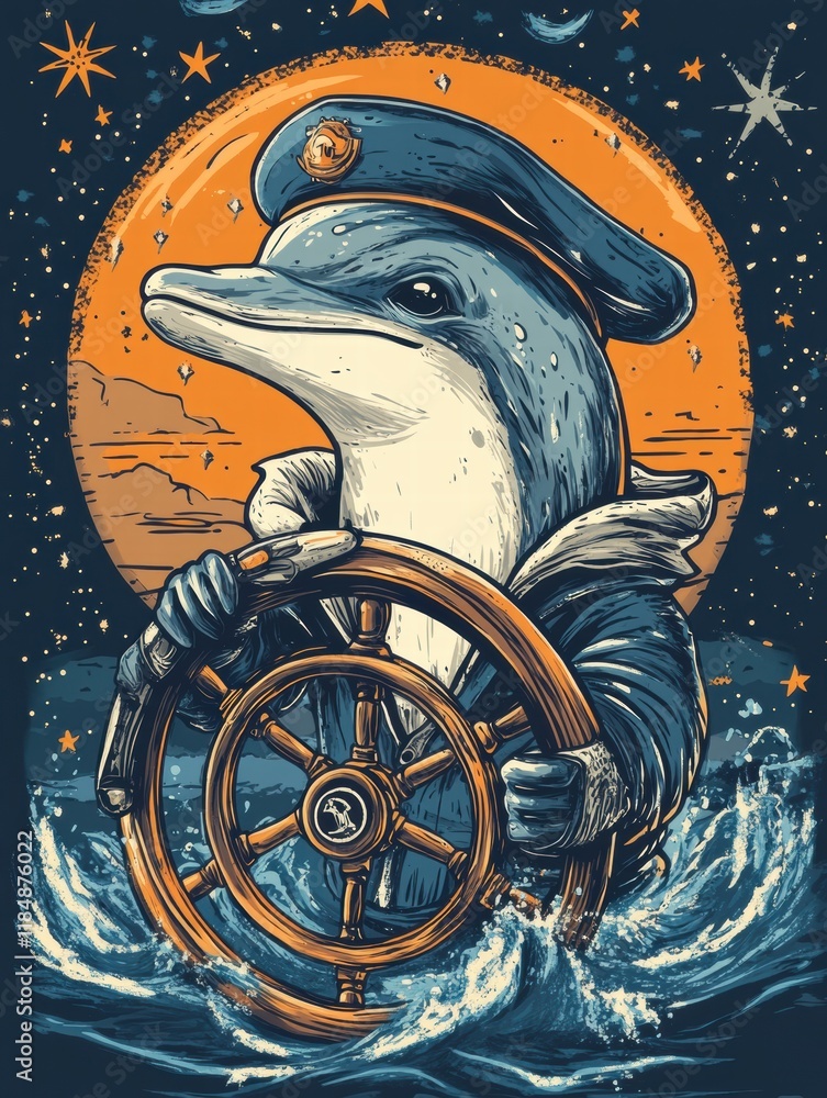 Poster dolphin in captain uniform joyfully steering the ships wheel through sparkling ocean waves at sunset