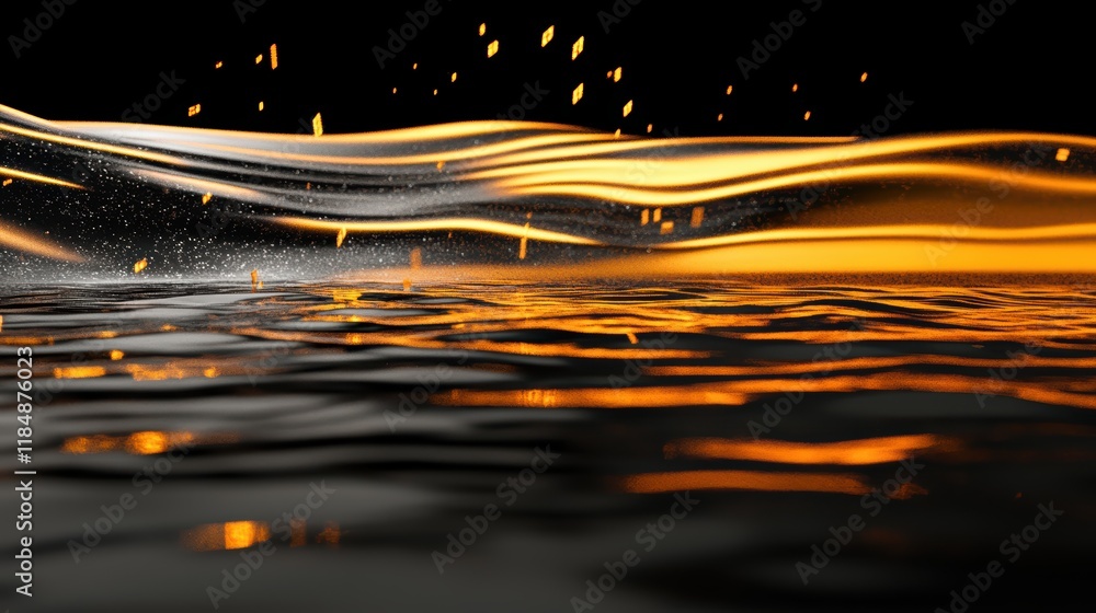 Poster abstract waves of light and motion over reflective surface in dark environment