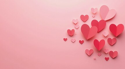 A Pink Background Featuring Scattered Red and Pink Paper Hearts in a Minimalist Design.