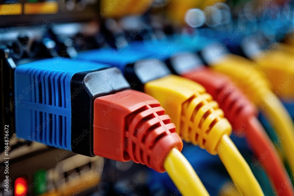 Poster close up of colorful network cables connecting to a switch in a data center, ensuring seamless data 