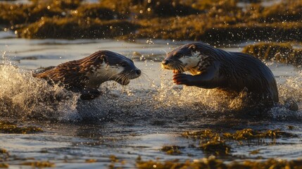 Otters Playing in Shallow Water at Morning Light