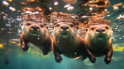 Otters Swimming Together in Clear Water With Bubbles