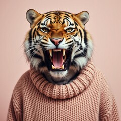 Angry Tiger Wearing a Sweater Growling Against a Neutral Background