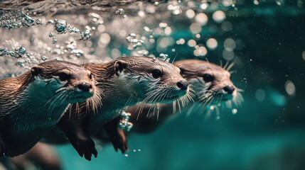 Otters Swimming in Clear Water with Bubbles