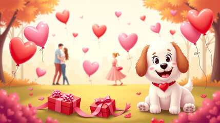 Cute puppy surrounded by gifts and hearts on Valentine's Day in a vibrant park with a loving couple