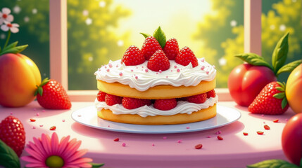 Delightful strawberry cake displayed in a garden setting with vibrant flowers in daylight