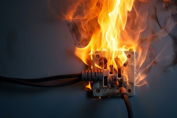 Burning electrical outlet on fire with black cable and plug attached, creating a dangerous situation