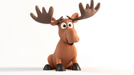 Fototapeta premium Cartoon moose with large antlers, sitting, big eyes.