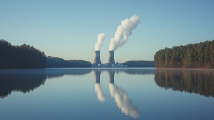 Nuclear plant cooling towers reflected in calm lake water.
