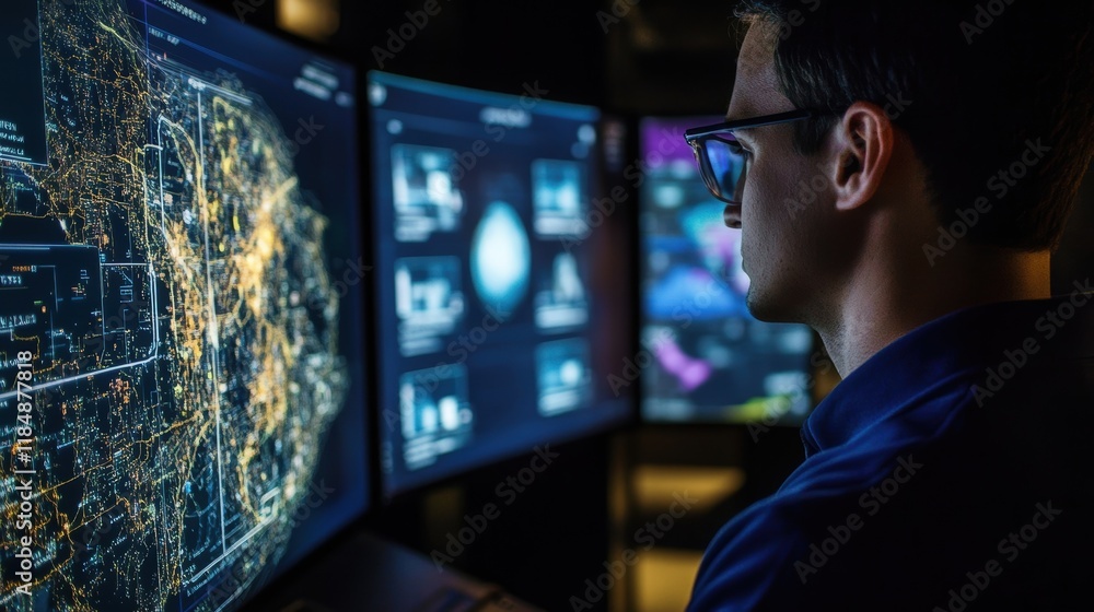 Poster it professional wearing glasses is working at night and analyzing big data on multiple computer scre