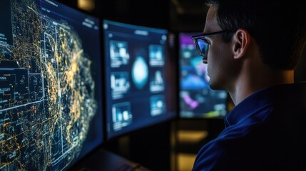 It professional wearing glasses is working at night and analyzing big data on multiple computer screens, displaying complex charts, graphs, and a map of a city
