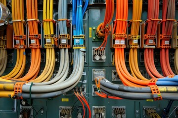 Bundles of vibrant electrical cables organized on a control panel showcase industrial power distribution