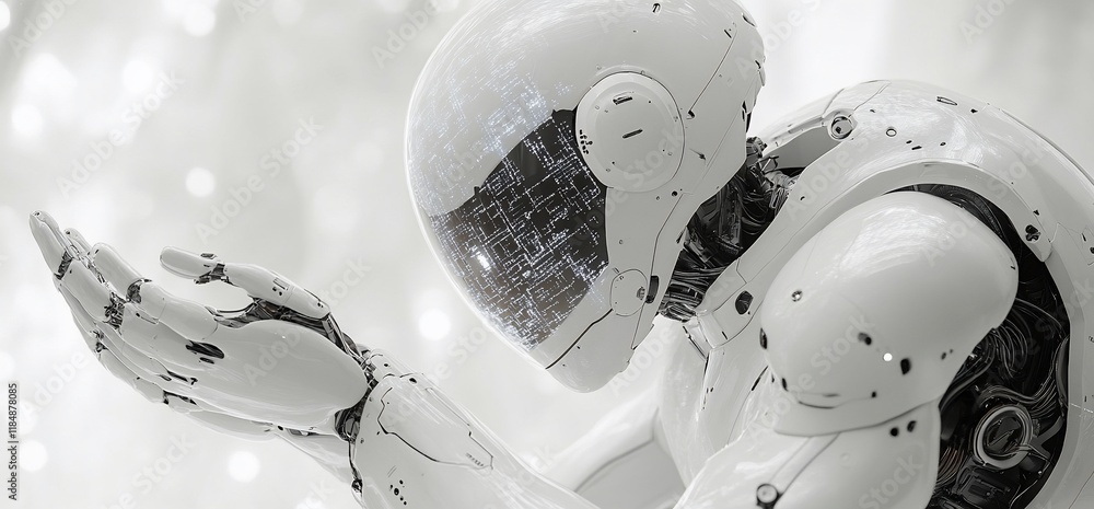 Poster white robot with transparent helmet, hands open in offering gesture, futuristic setting.