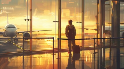 A man is standing in front of an airport window with a suitcase. The scene is set at an airport, and the man is waiting for his flight. Concept of anticipation and excitement