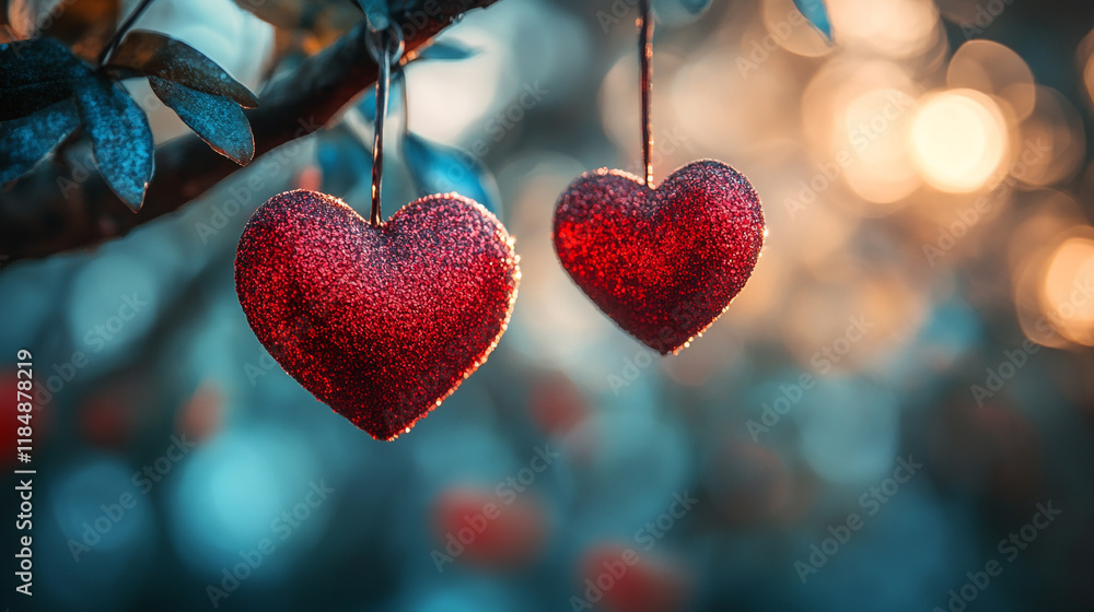 Poster two sparkling red hearts hanging from a tree branch during twilight